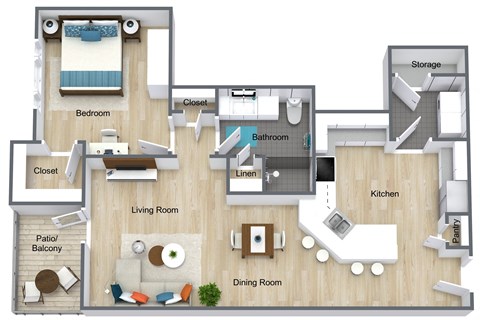 Floor plan for 1 bed, 1 bath, 840 sqft